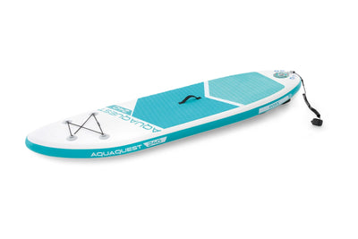 AquaQuest 240 Youth SUP met comfortabel zitje en voetensteun voor zittend suppen.