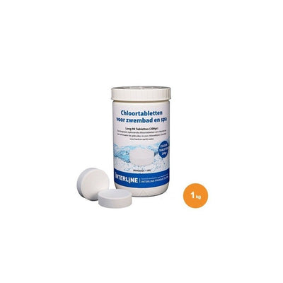 Long90 chloortabletten van 200 gram in 1 kg verpakking voor langdurige zwembad desinfectie.