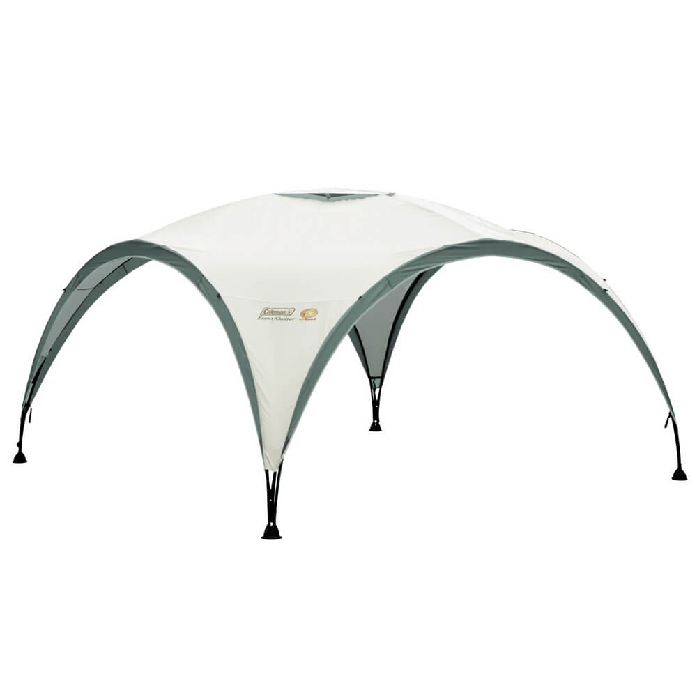 Zijaanzicht van de Coleman Event Shelter L, stabiel en ruim met stevig stalen frame.