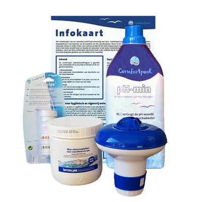 Comfortpool Chloor Starterspakket Groot met chloortabletten, pH-min, chloordrijver en teststrips.
