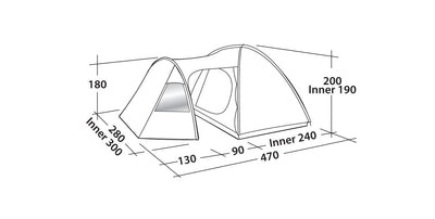 Technische tekening van de Easy Camp Eclipse 500 Tent met afmetingen en indeling