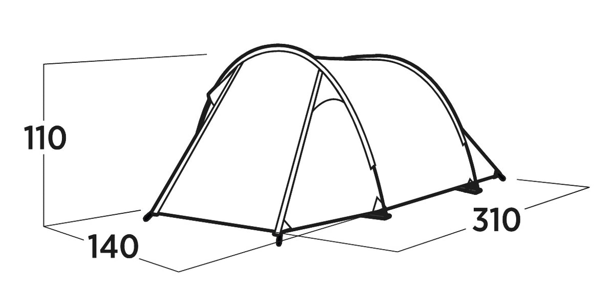 Zijaanzicht technische tekening van de Easy Camp Hemsedal 2 tent met hoogte en breedte specificaties.