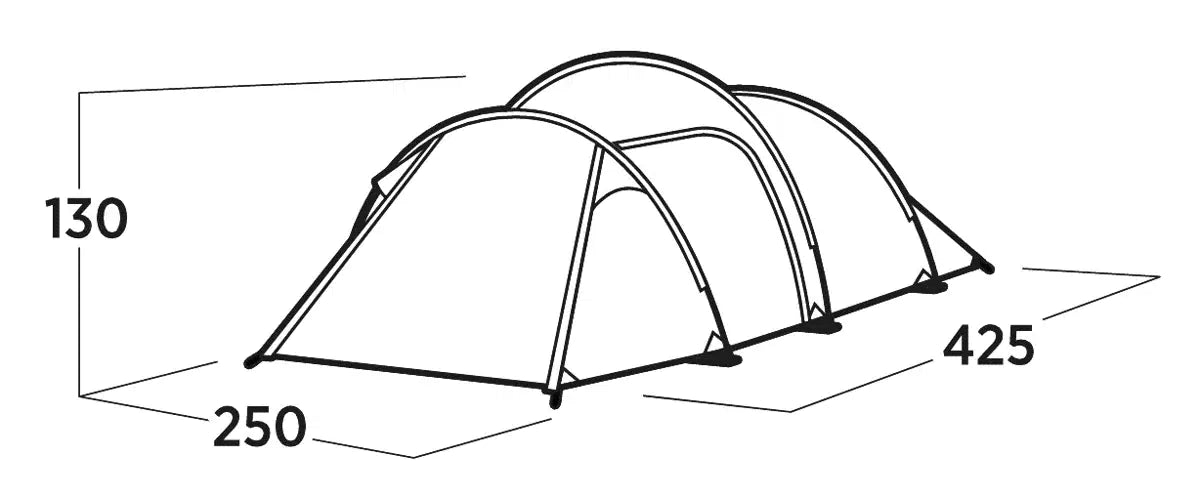 Zijaanzicht van de Easy Camp Hemsedal 4 Tent met constructiedetails en maatvoering.