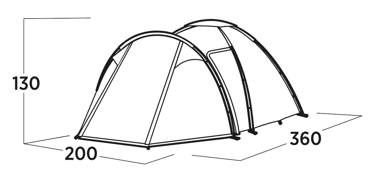 Zijaanzicht van de Easy Camp Lomsdal 3 Tent met maatvoering en constructiedetails.