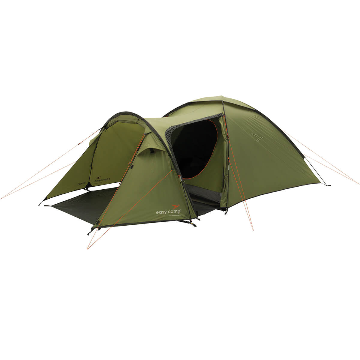 Zijaanzicht van de Easy Camp Lomsdal 3 Tent met twee ingangen en ventilatieopeningen.