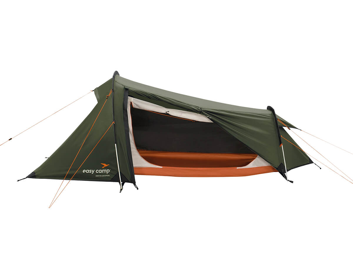 zijkant van de Easy Camp Sarek 1 Tent open geritst, met ruime voortent en ventilatie.