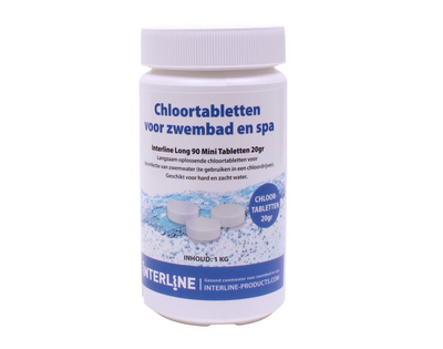  Interline chloortabletten Long90 20 gram in een 1 kg verpakking voor langdurige waterdesinfectie.