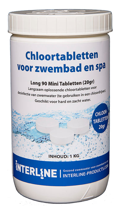 Interline chloortabletten Long90, 20 gram per tablet in een verpakking van 1 kg, geschikt voor zwembadonderhoud