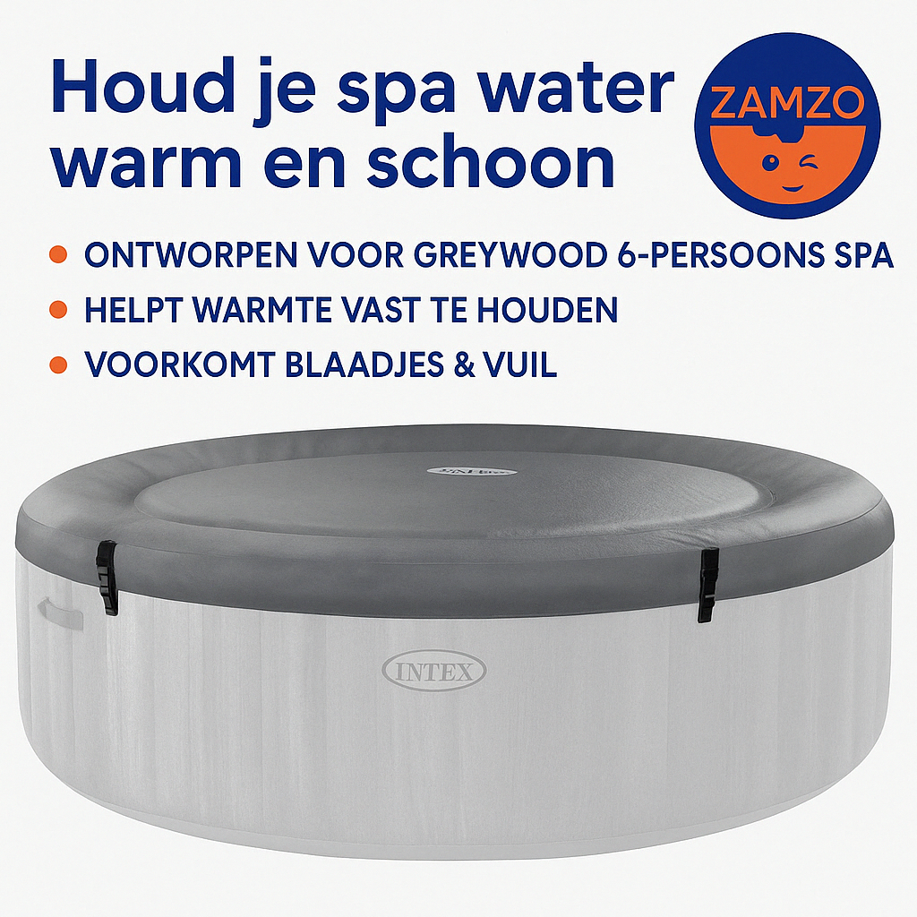Verpakking en details van het Intex afdekzeil voor de 6-persoons PureSpa Greywood.