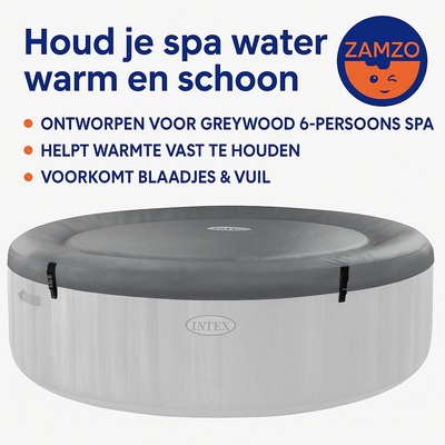 Verpakking en details van het Intex afdekzeil voor de 6-persoons PureSpa Greywood.