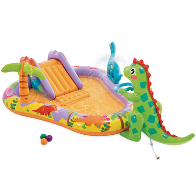 Vooraanzicht van het Intex Dino Park Speelcentrum, een kleurrijk opblaasbaar zwembad met glijbaan en sproeiers.