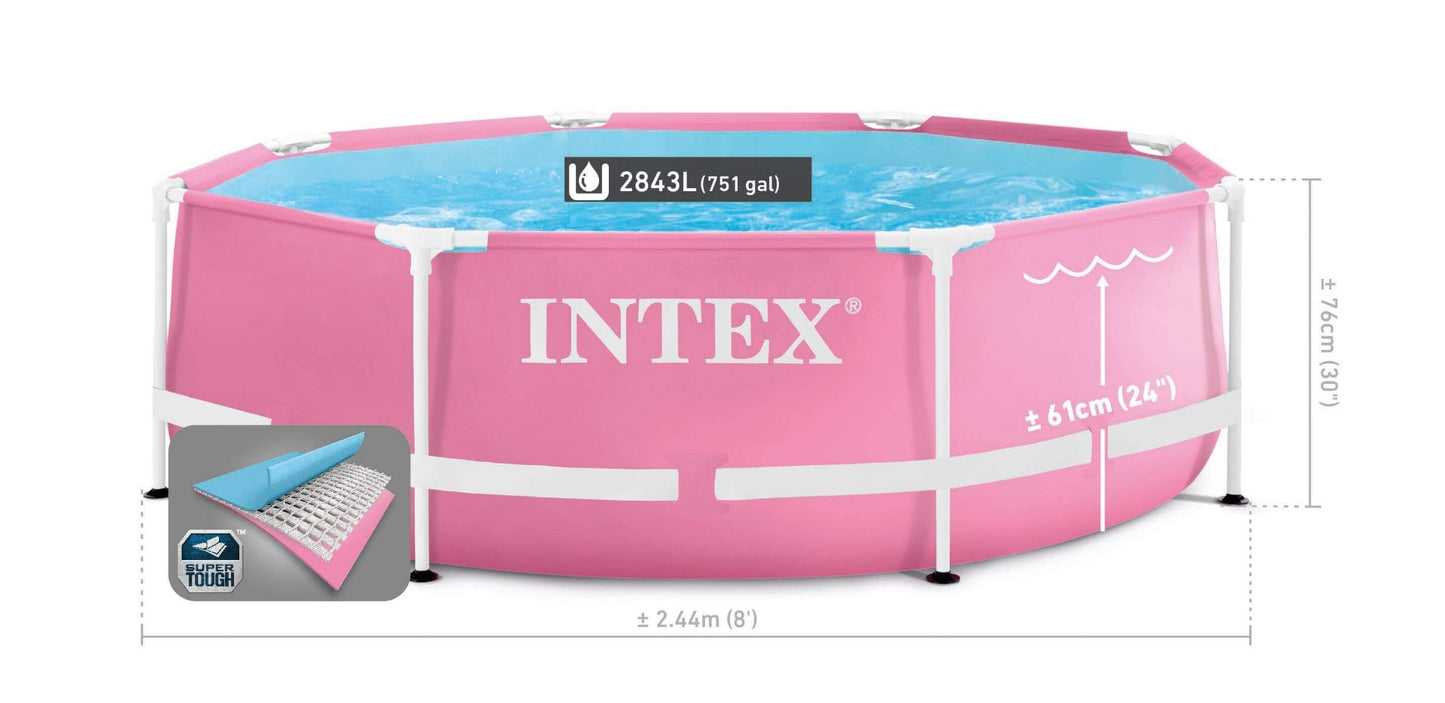 Stevig Intex kinderzwembad in roze uitvoering, metalen frame en een formaat van 244 x 76 cm