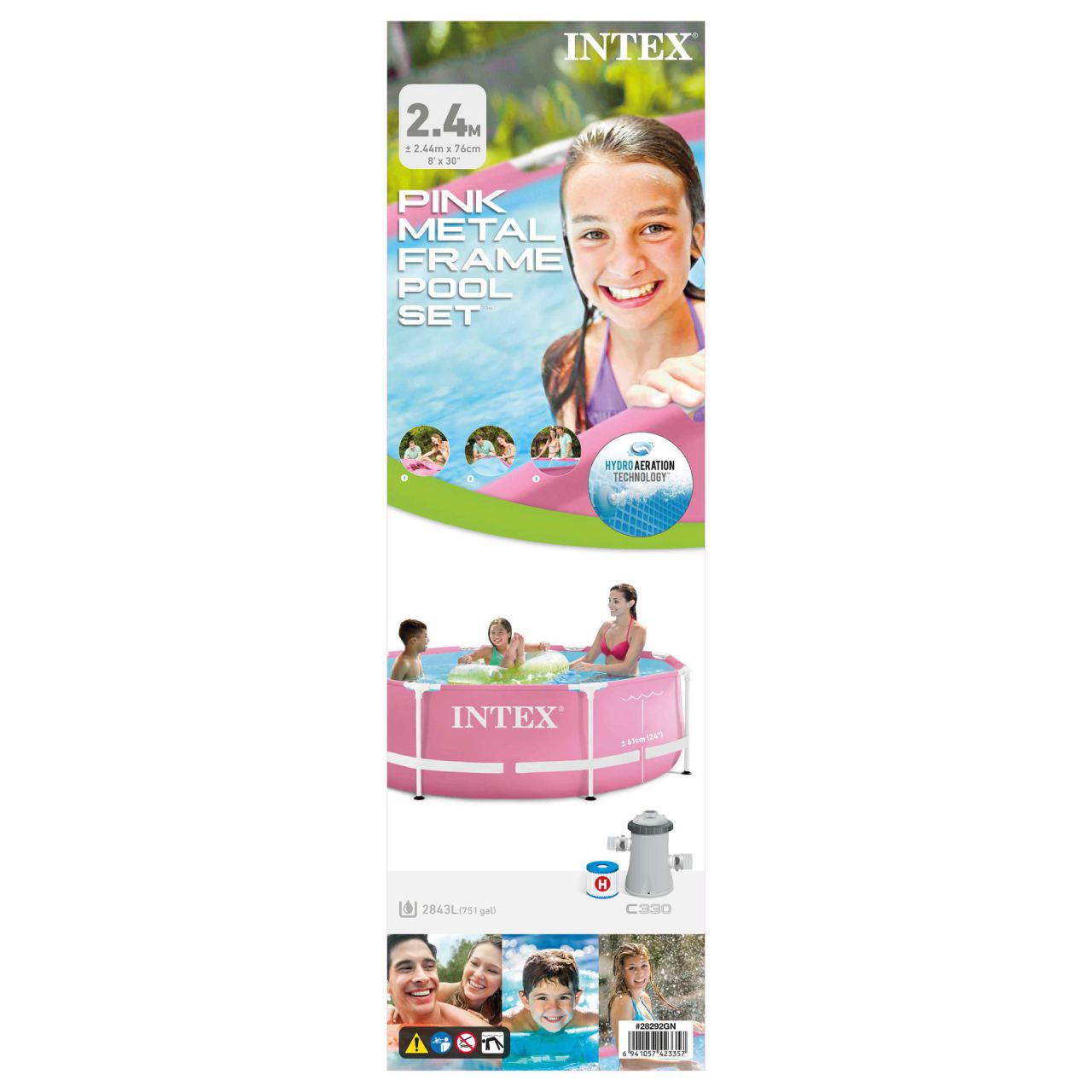 Kinderen spelen in het Intex Pink Metal Frame zwembad 244 x 76 cm in de tuin