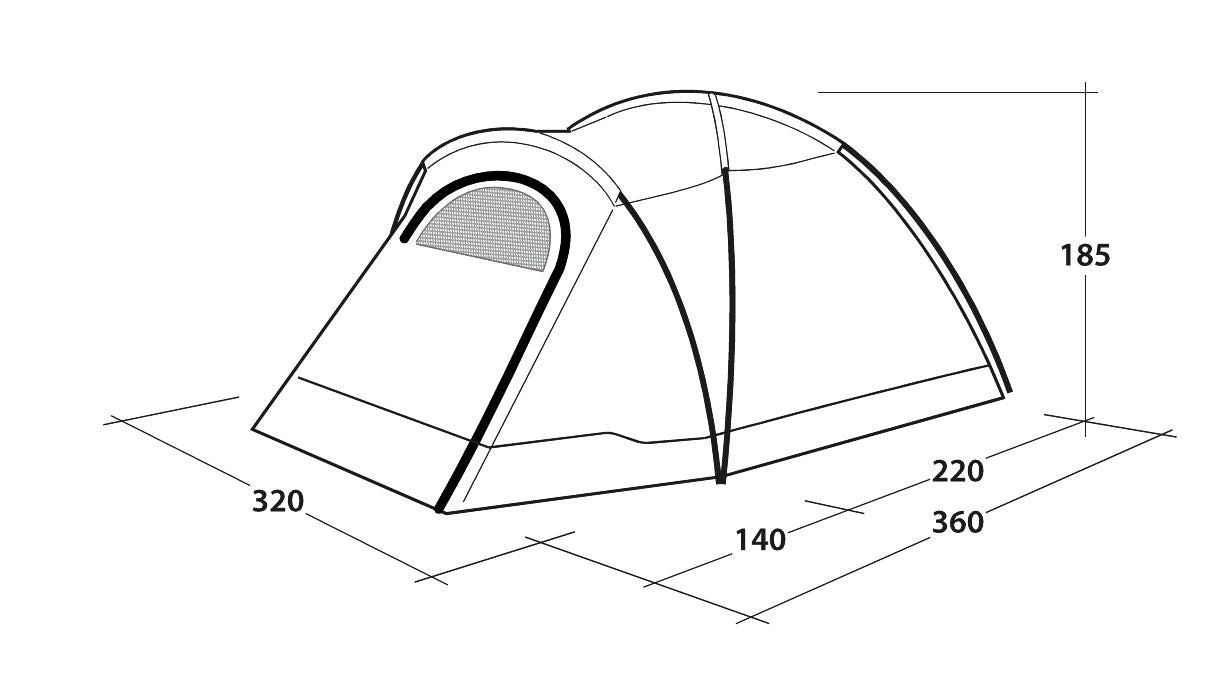 Zijaanzicht van de Outwell Cloud 5 Tent met constructiedetails en maatvoering.
