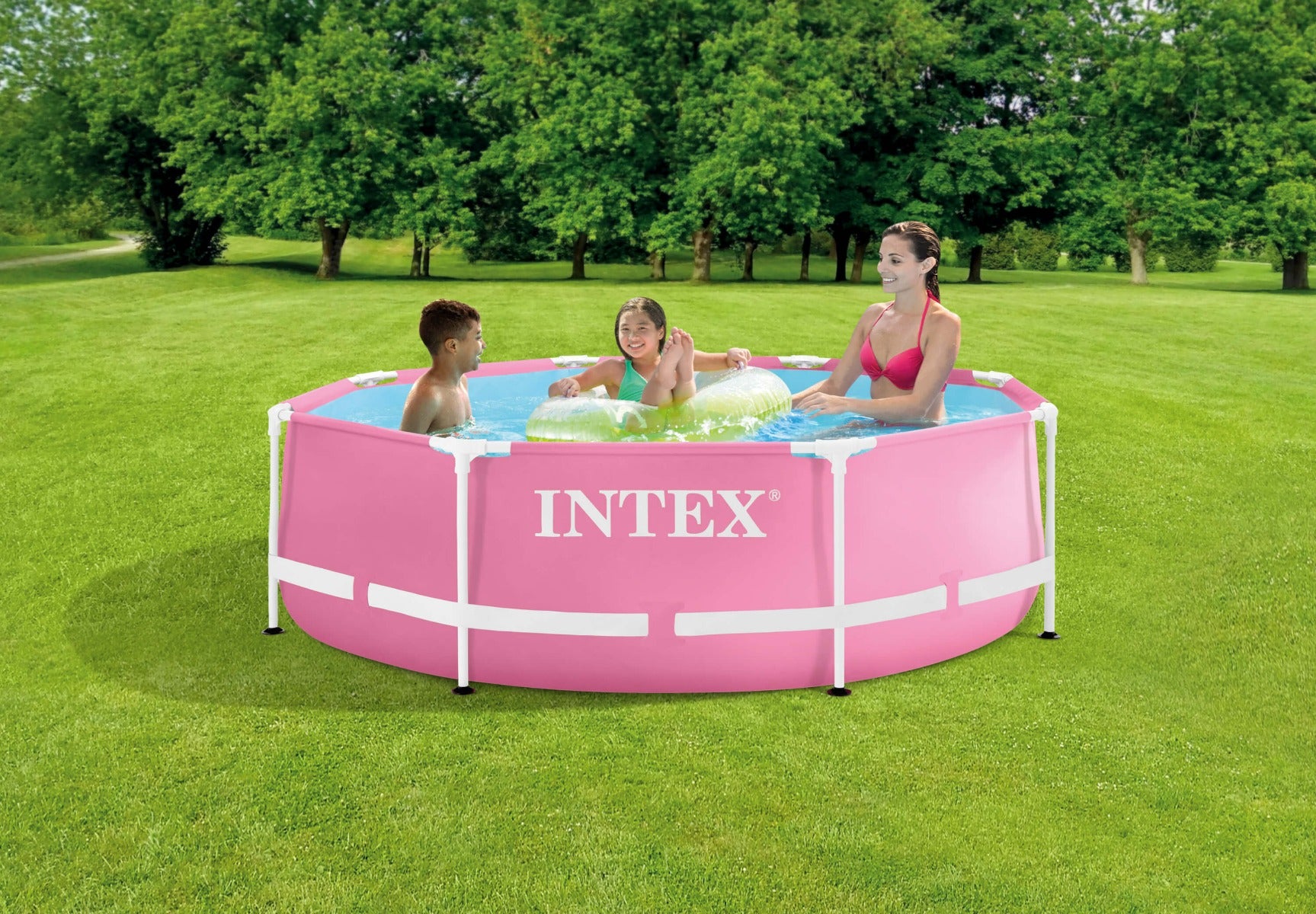 Opvallend roze Intex Metal Frame Zwembad, perfect voor kleine tuinen, afmetingen 244 x 76 cm