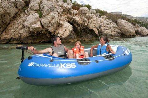 Sevylor Caravelle K85 opblaasboot met mogelijkheid voor elektromotorbevestiging.