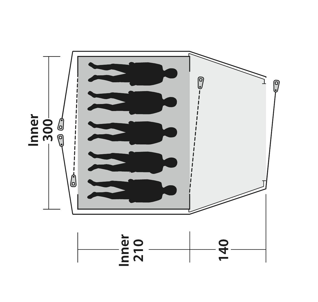 Bovenaanzicht van de Outwell Cloud 5 Tent met afmetingen en tentindeling.